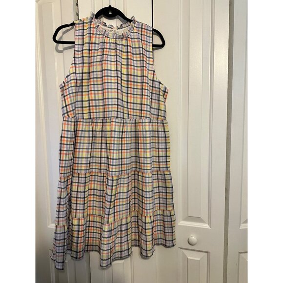 Loft Sleeveless Pastel Plaid Tiered Dress With Ruffle Neckline L - Picture 3 of 9